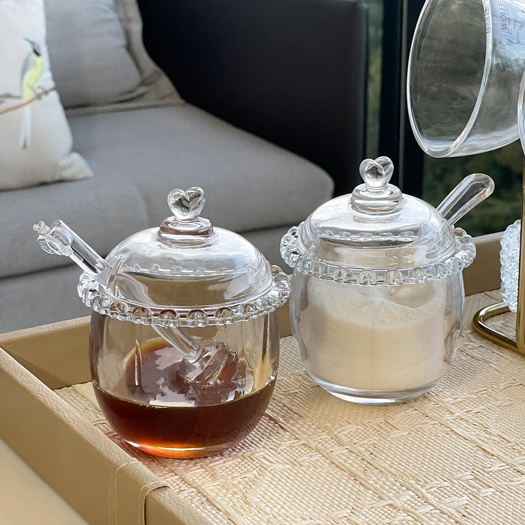 Açucareiro de Cristal Chumbo com Colher e Detalhes em Formato de Coração