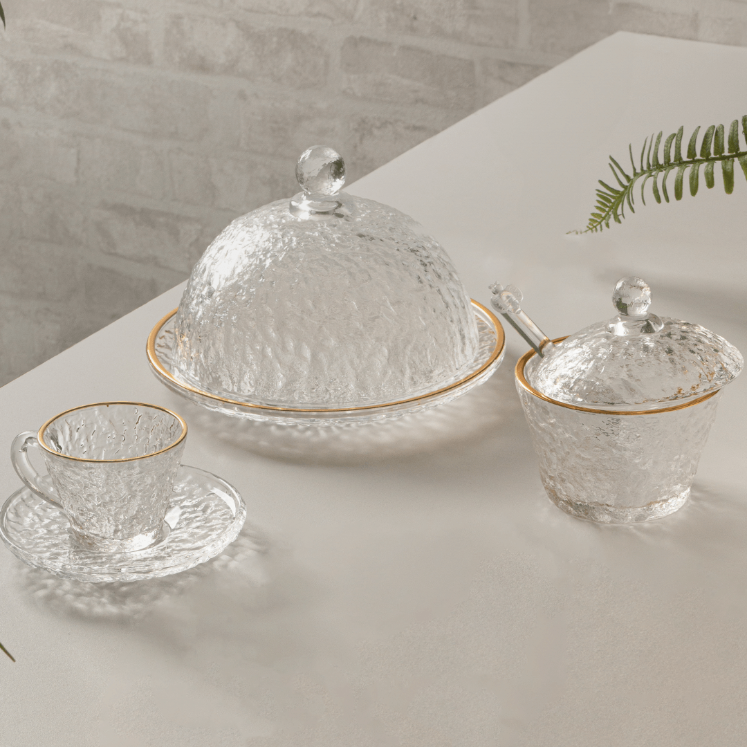 Açucareiro em Cristal de Chumbo Martelado com Colher com Borda Dourada Petra 10cm