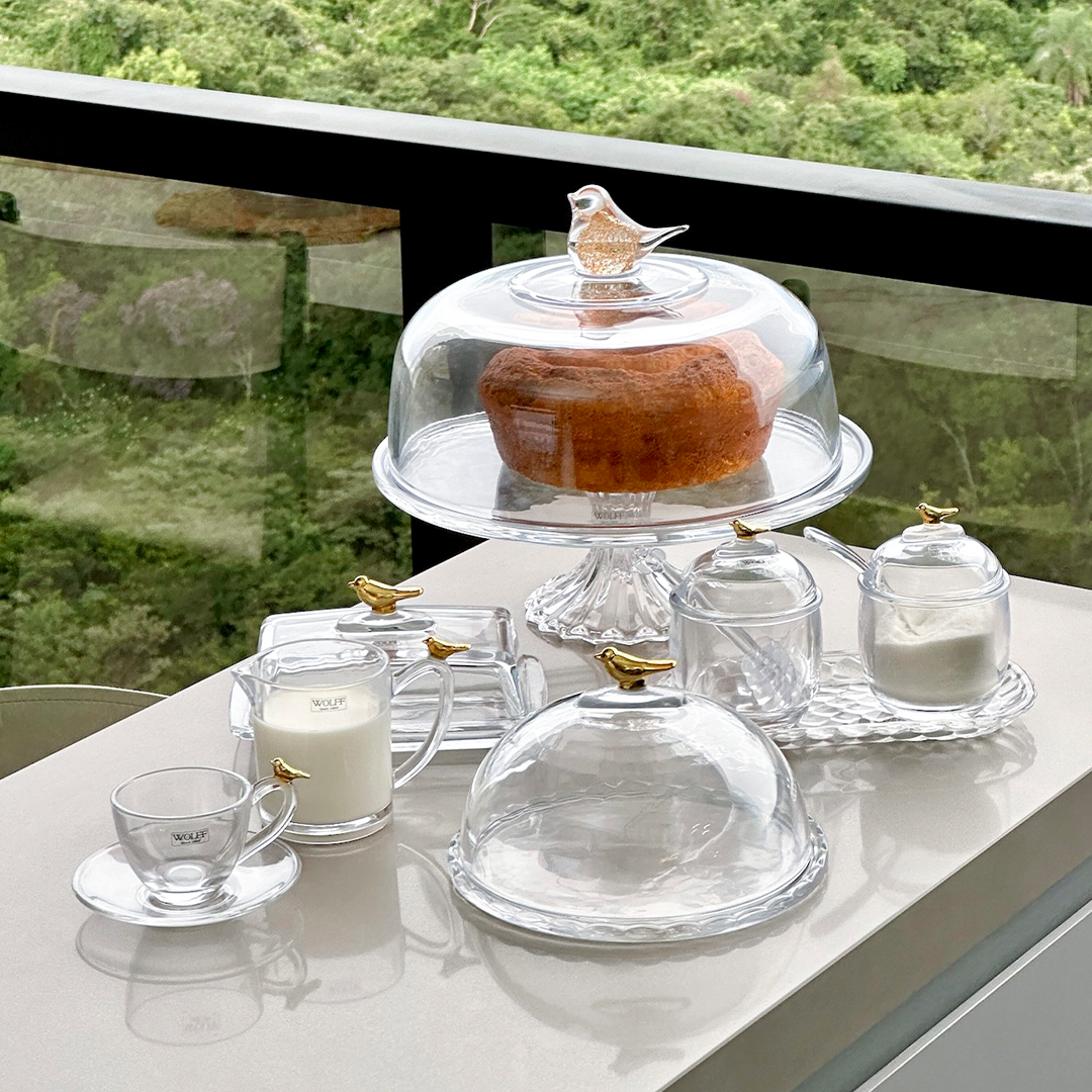 Prato para Bolo Boleira com Pé e Tampa de Vidro Bird