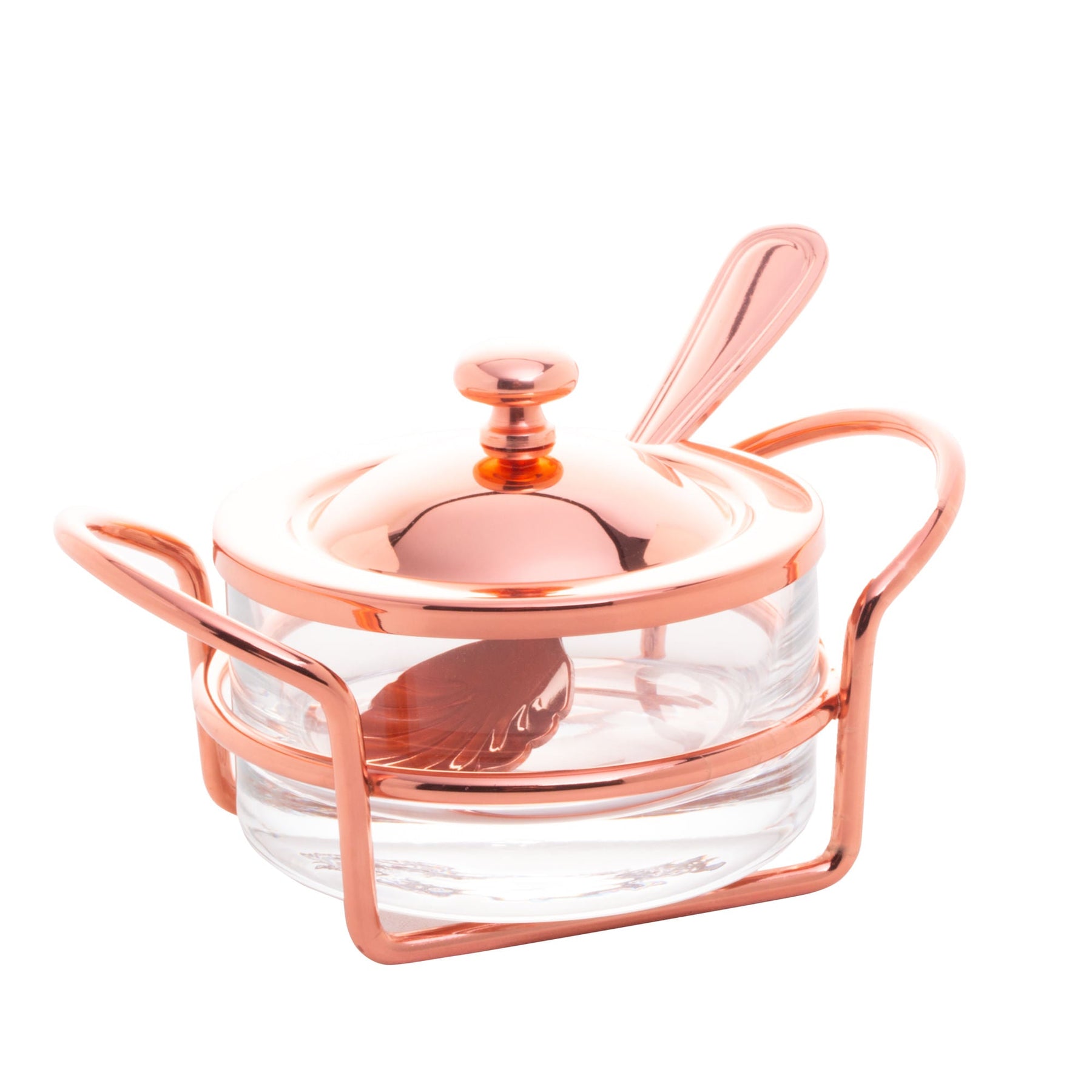 Açucareiro de Vidro Com Colher Tampa e Suporte Rose Gold Luxo