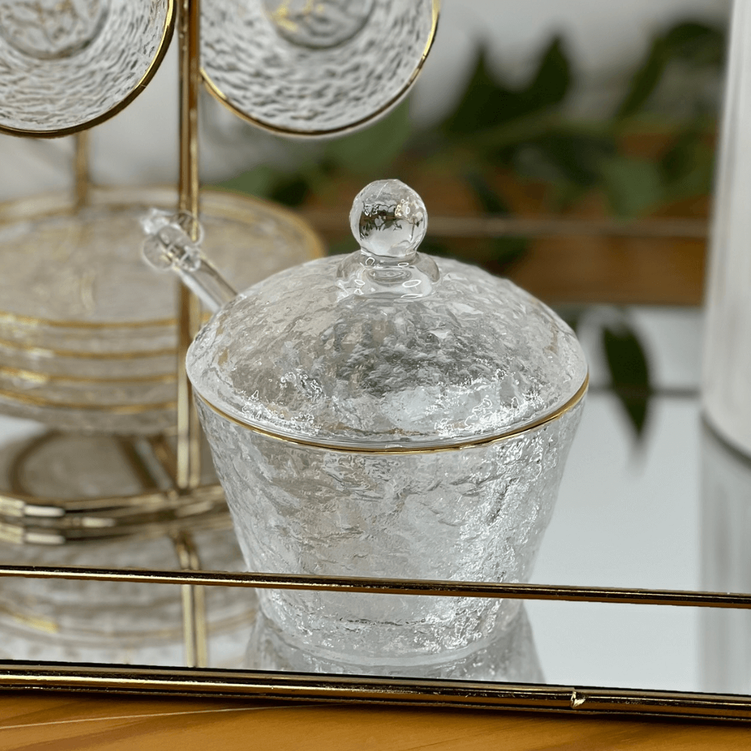 Meleira de Cristal Martelado com Colher e Tampa com Fio de Ouro Petra