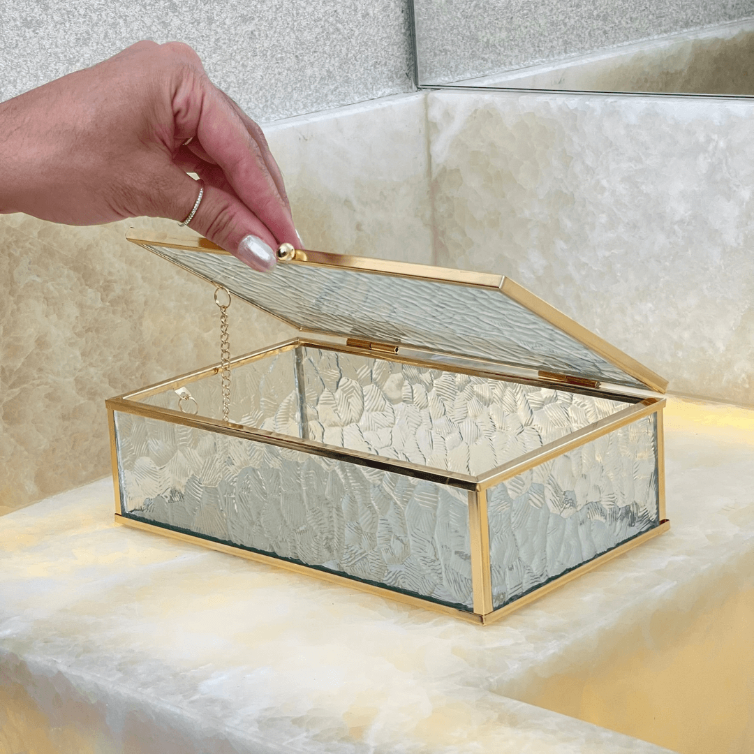 Caixa de Vidro e Metal Dourado 21cm P