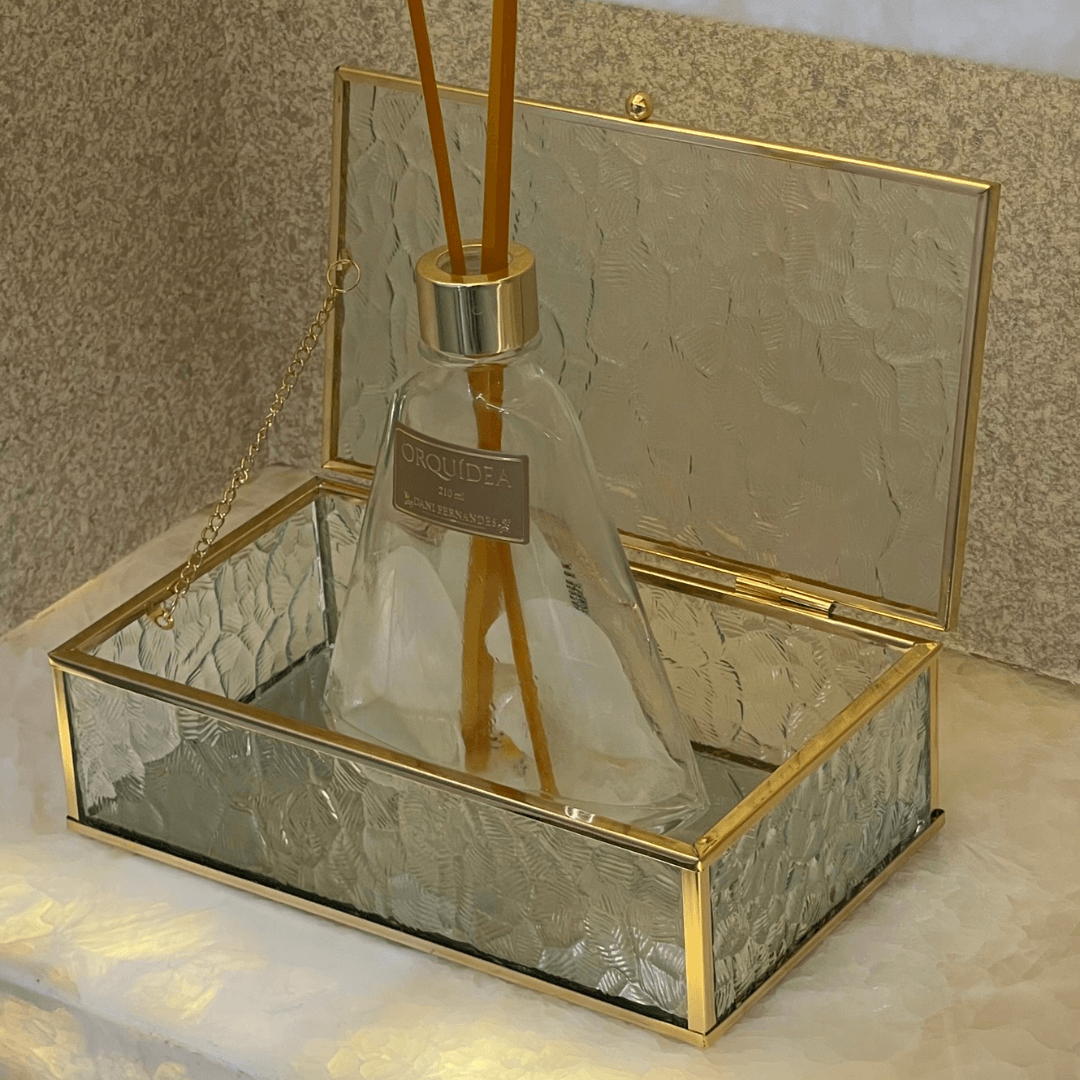 Caixa de Vidro e Metal Dourado 21cm P