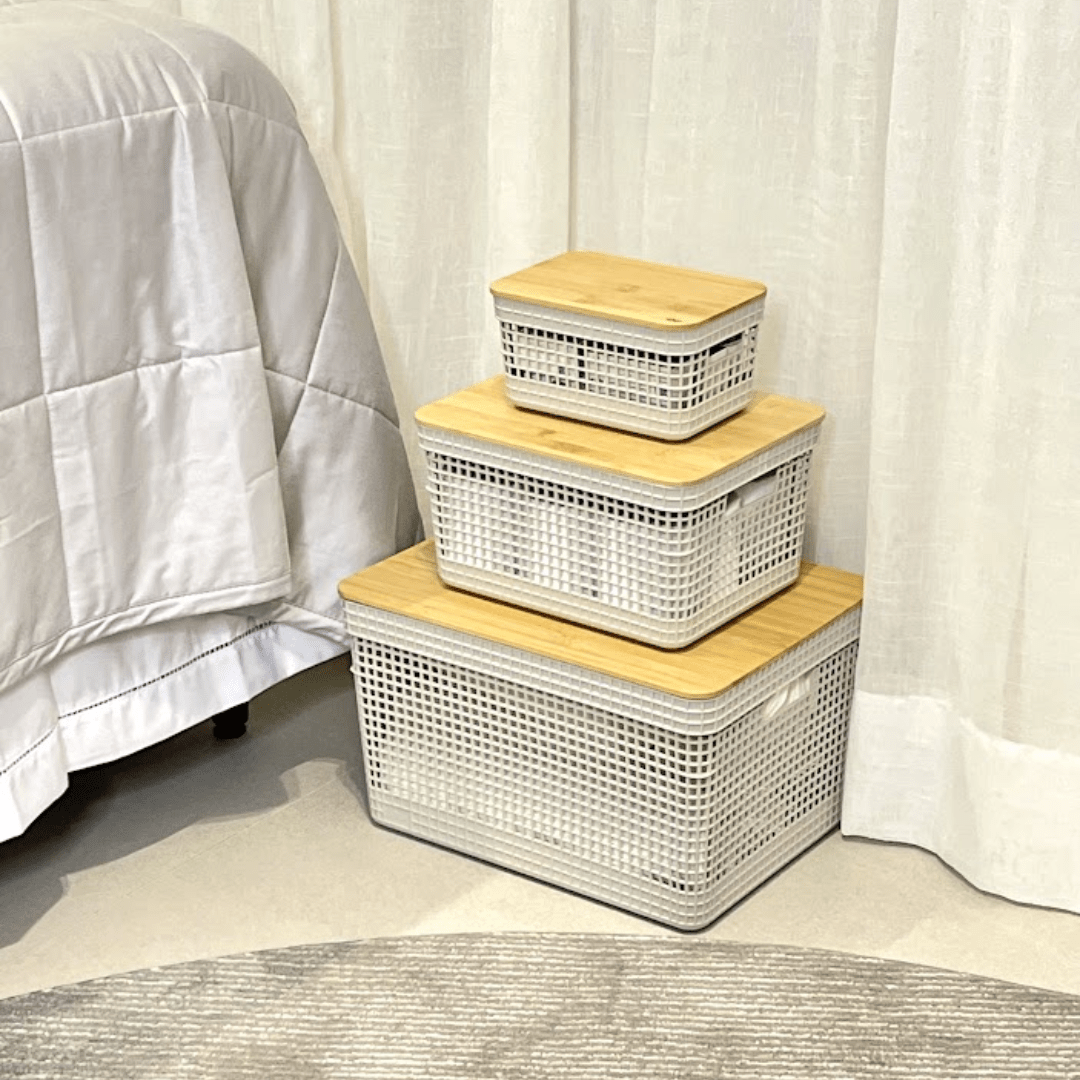 Conjunto 3 Cestos Organizadores Grid Bege com Tampa de Bambu