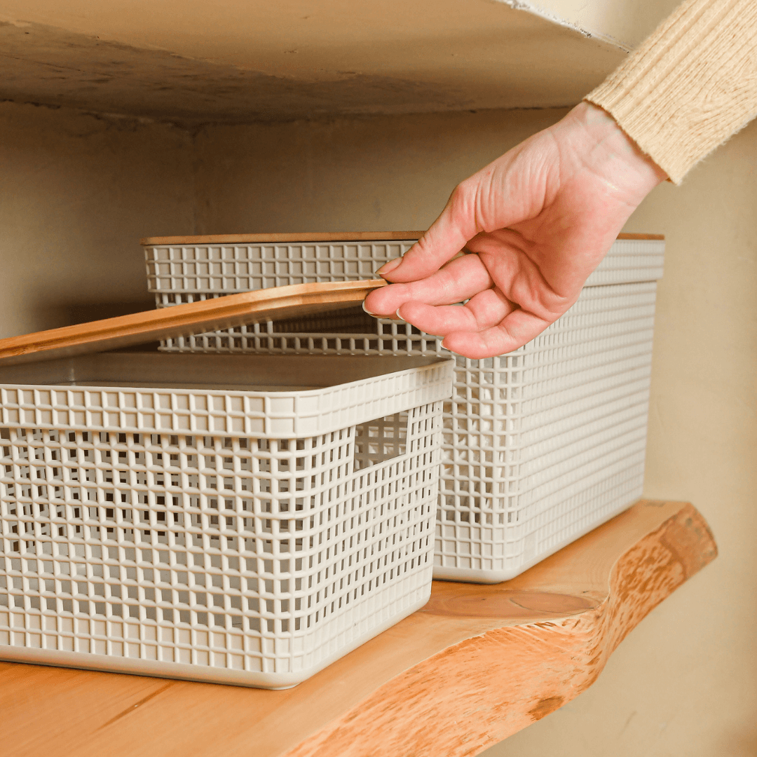 Conjunto 3 Cestos Organizadores Grid Bege com Tampa de Bambu