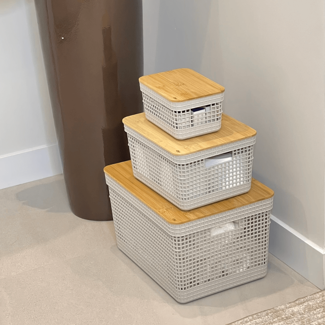 Conjunto 3 Cestos Organizadores Grid Bege com Tampa de Bambu