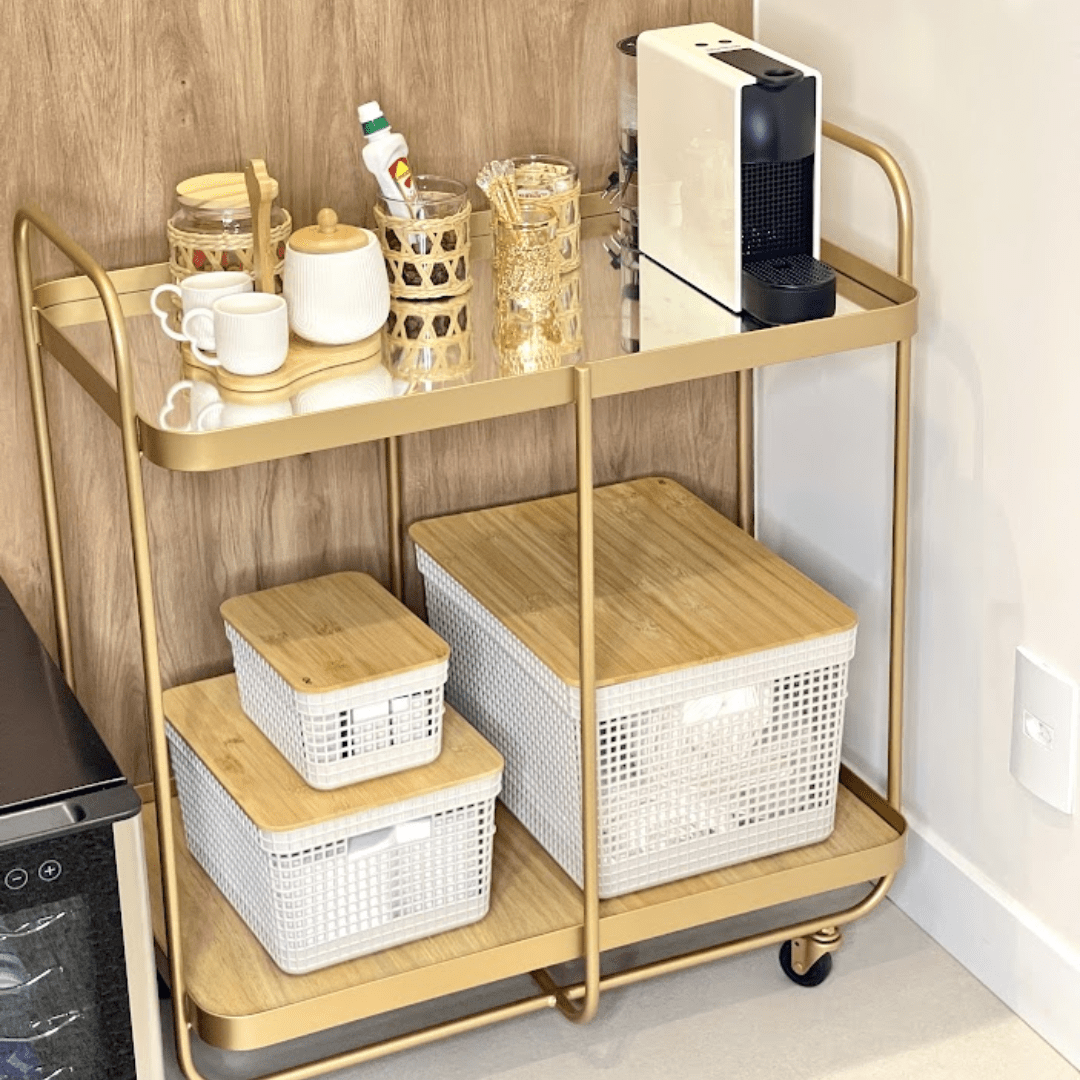 Conjunto 3 Cestos Organizadores Grid Bege com Tampa de Bambu