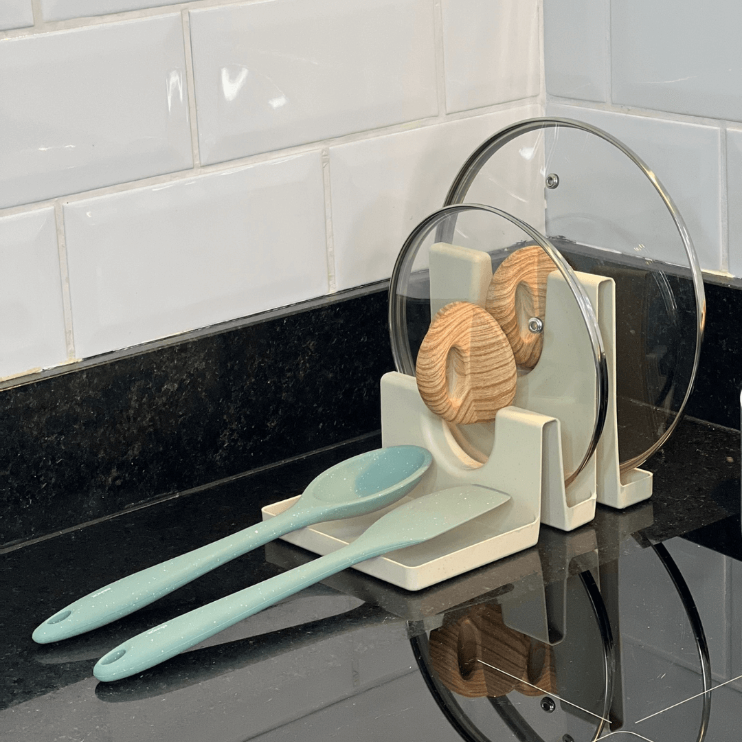 Descanso para Tampas e Utensilios em Bambu e Plástico Off White