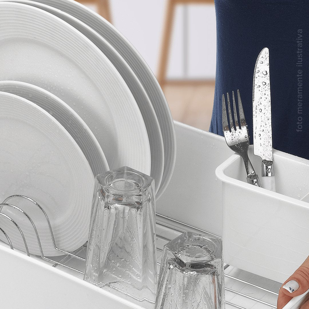 Escorredor de Louças Branco Com Porta Talheres e Bico Para Escoamento de Água
