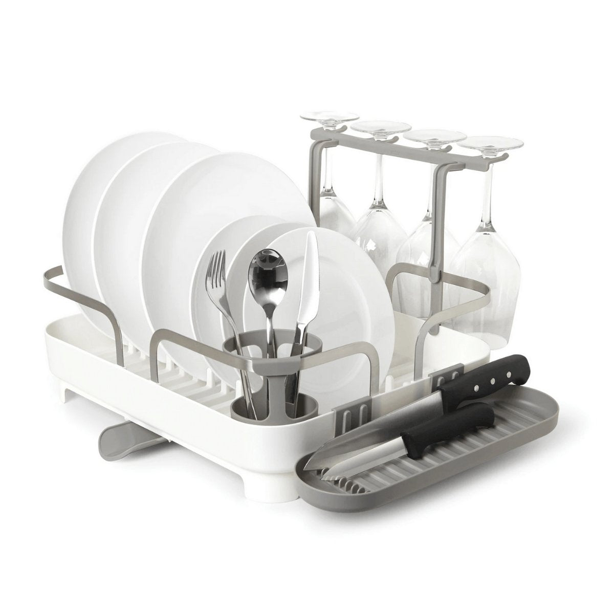 Escorredor De Louças Holster Com Porta Taças e Bico Branco em Aço Inox e PP