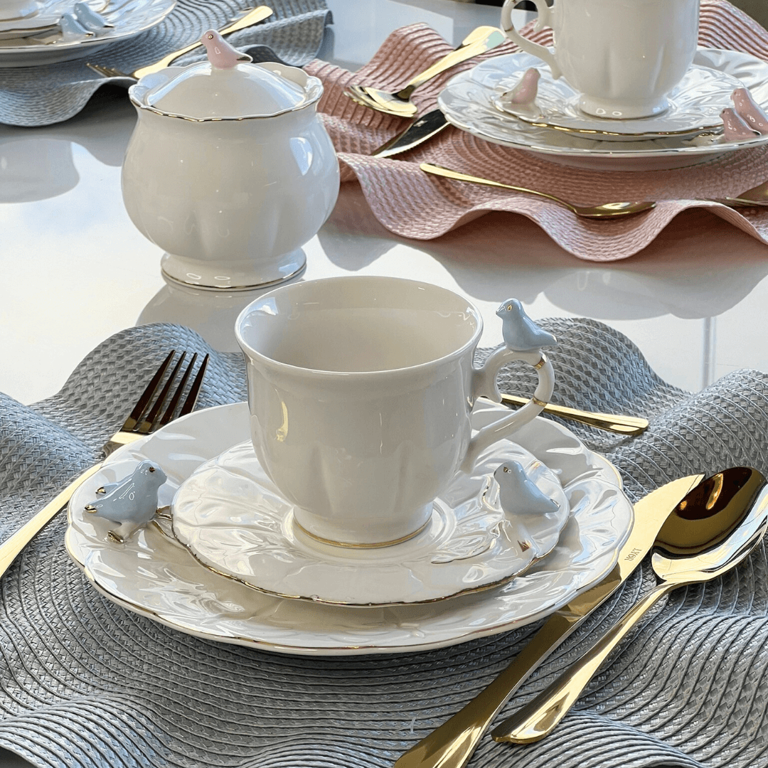 Jogo 4 Xicaras para Chá em Porcelana Birds Branca 200ml