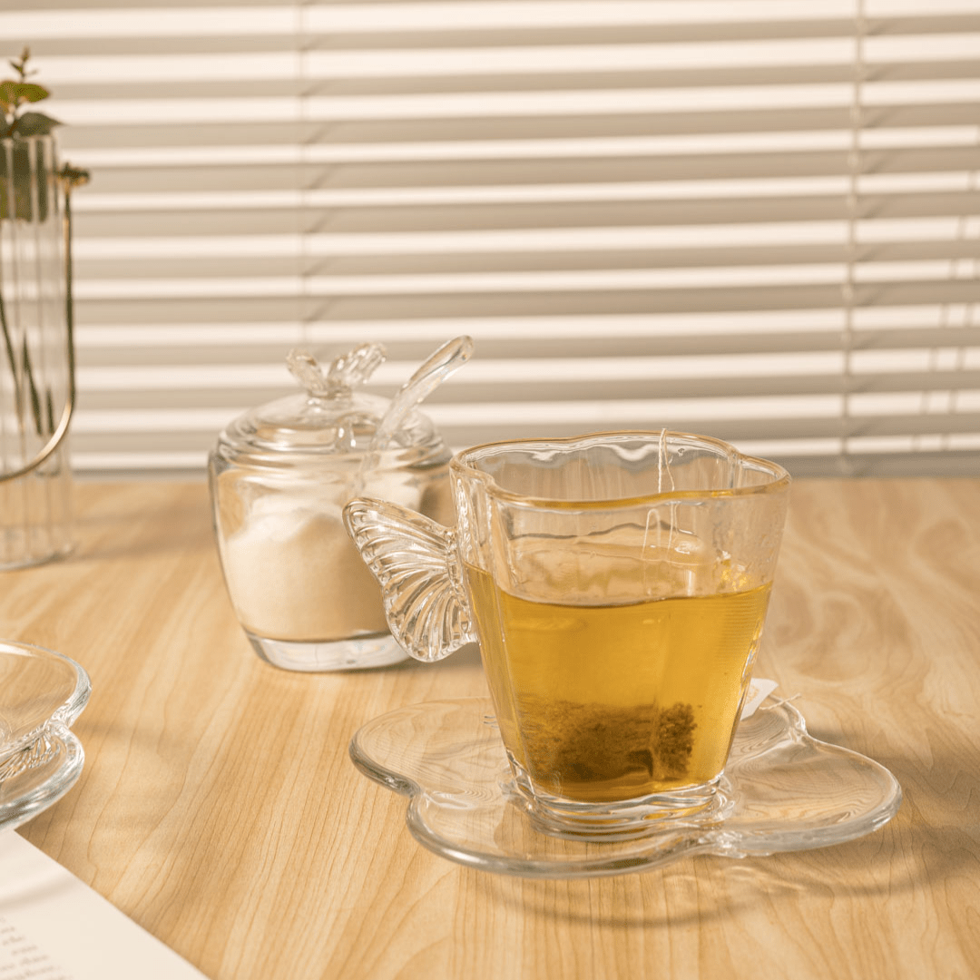 Jogo 4 Xícaras de Chá com Pires em Vidro Butterfly 180ml