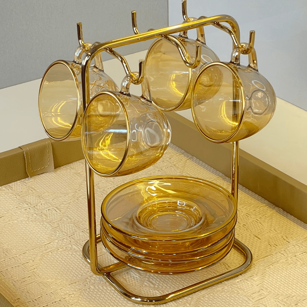 Jogo 4 Xícaras para Café Menfis Cristal Âmbar com Borda Dourada 85ml