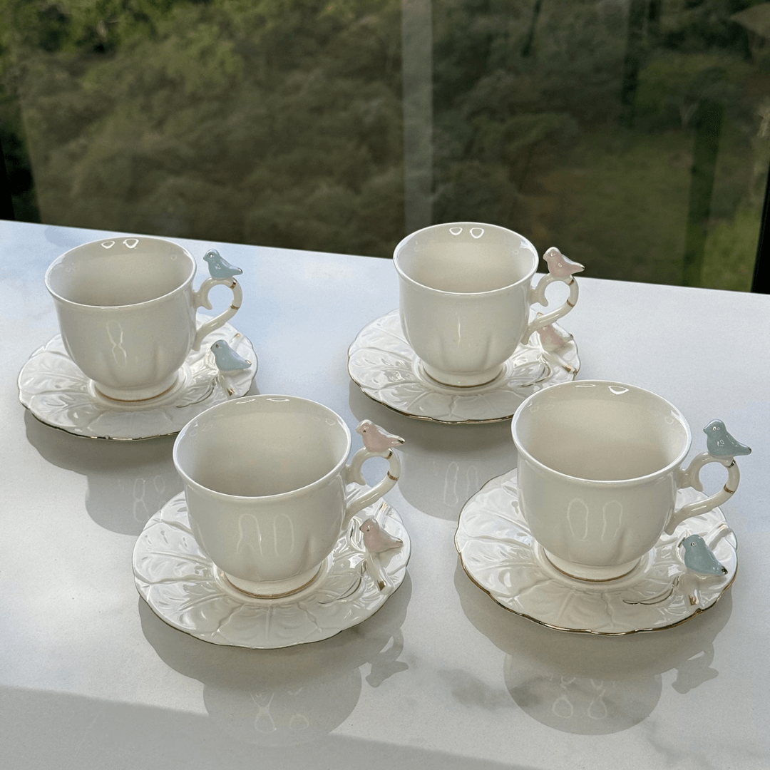 Jogo 4 Xicaras para Chá em Porcelana Birds Branca 200ml