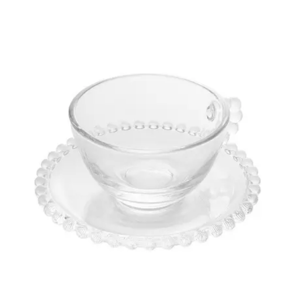 Jogo de 4 Xícaras de Chá Cristal de Chumbo com Pires Pearl Bolinha - 180ml