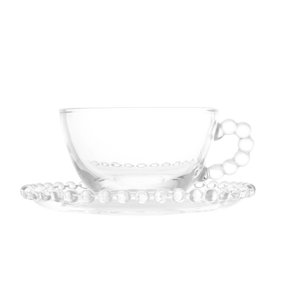 Jogo de 4 Xícaras de Chá Cristal de Chumbo com Pires Pearl Bolinha - 180ml