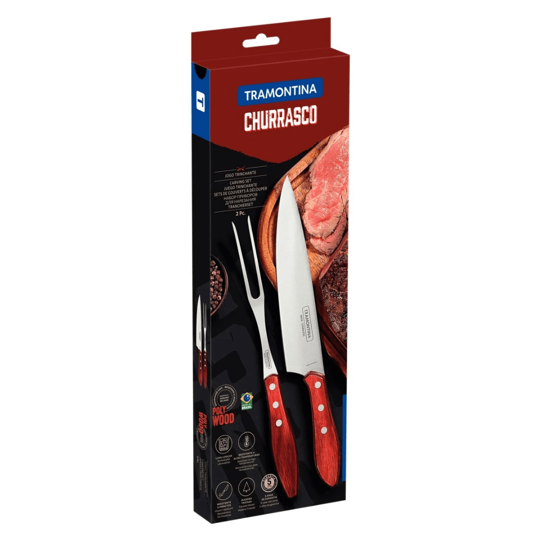 Jogo Trinchante para Churrasco Polywood Aço Inox e Cabo de Madeira Vermelho 2 Peças Tramontina