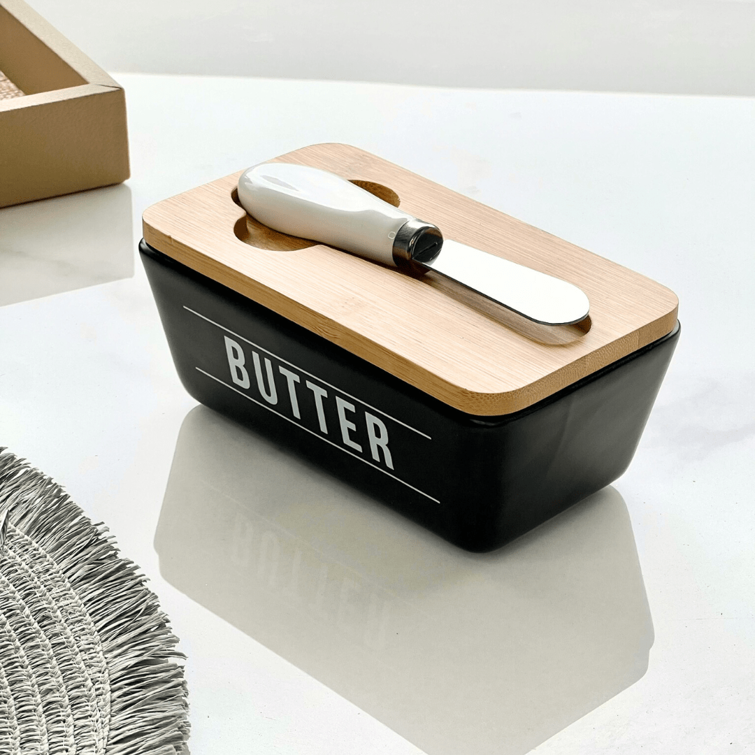 Manteigueira de Porcelana com Faca Manhattan Preta 400ml