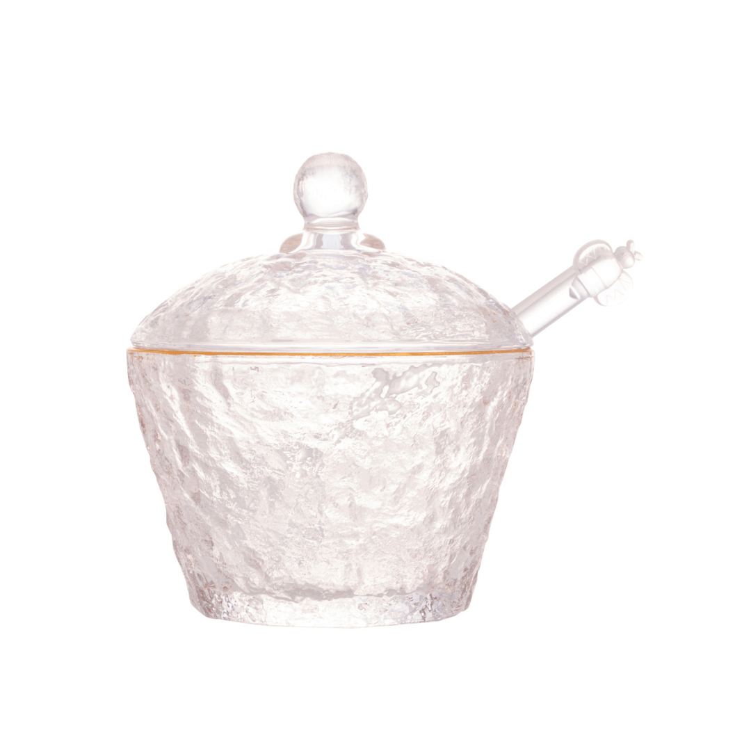 Meleira de Cristal Martelado com Colher e Tampa com Fio de Ouro Petra