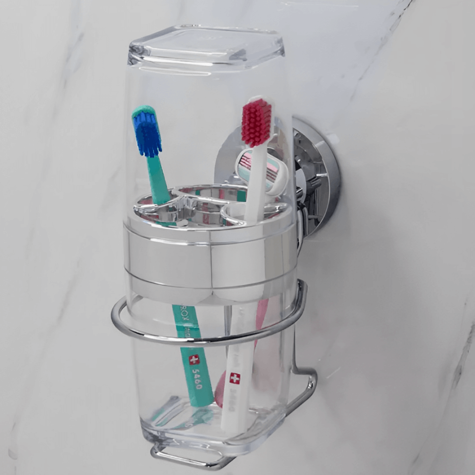 Suporte com Porta Escova e Creme Dental com Ventosa Cromado