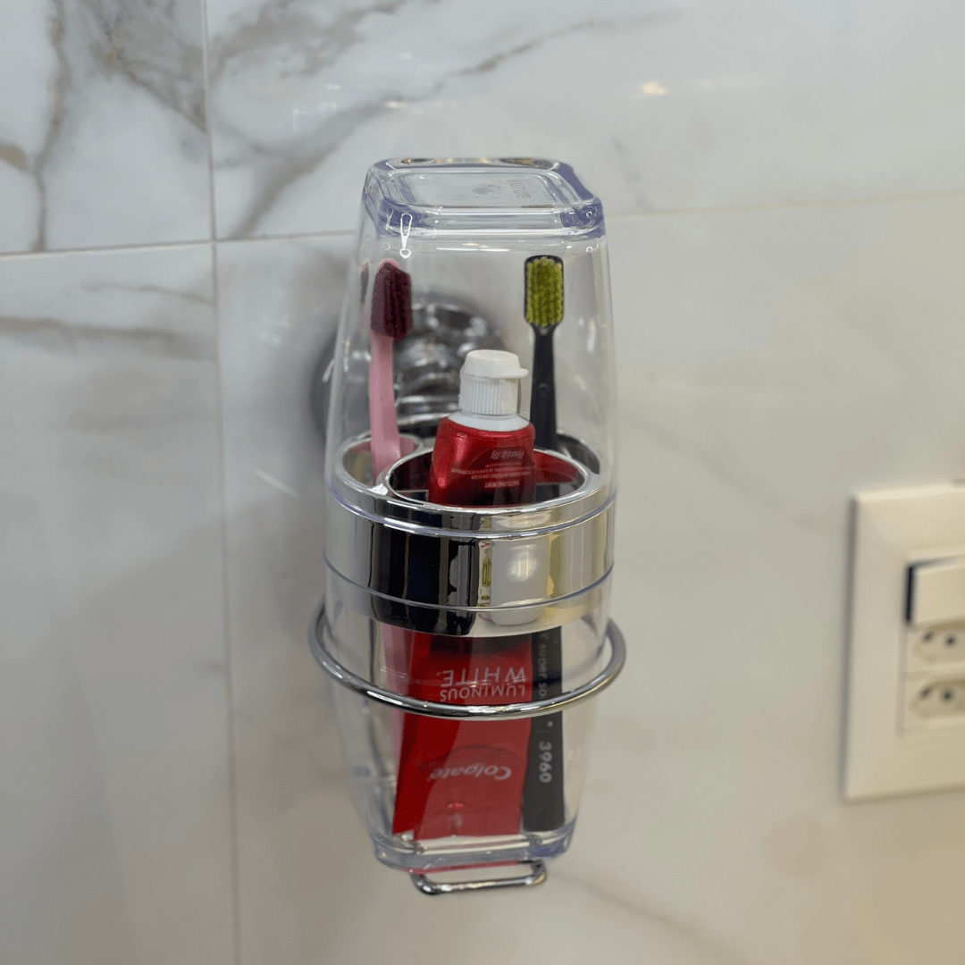 Suporte com Porta Escova e Creme Dental com Ventosa Cromado