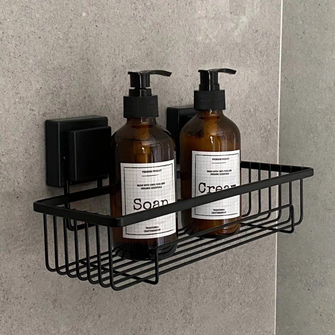 Suporte Moderno Para Shampoo Com Ventosa 28 cm Preto Fosco de Alta Resistencia