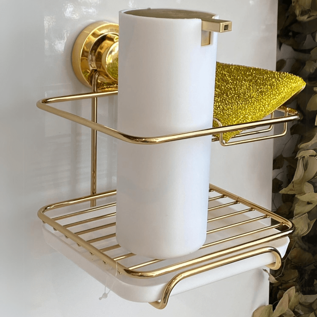 Suporte Para Detergente e Esponja com Fixação por Ventosa Dourado