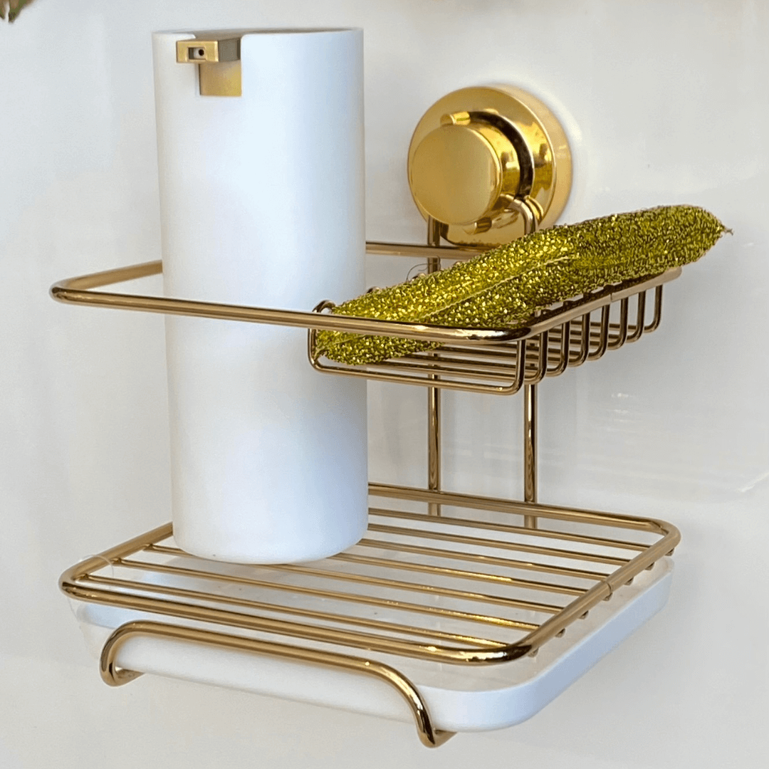 Suporte Para Detergente e Esponja com Fixação por Ventosa Dourado