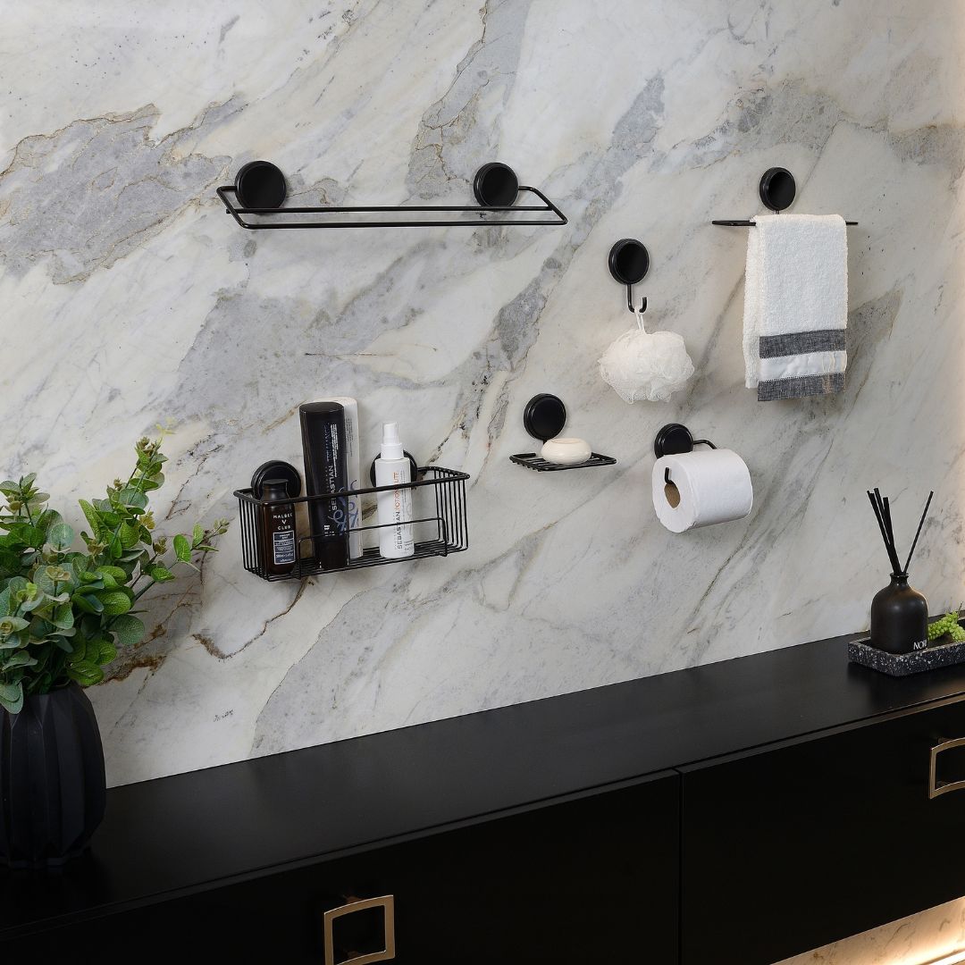 Toalheiro Duplo Banheiro Fixação por Adesivo Preto Fosco 45cm