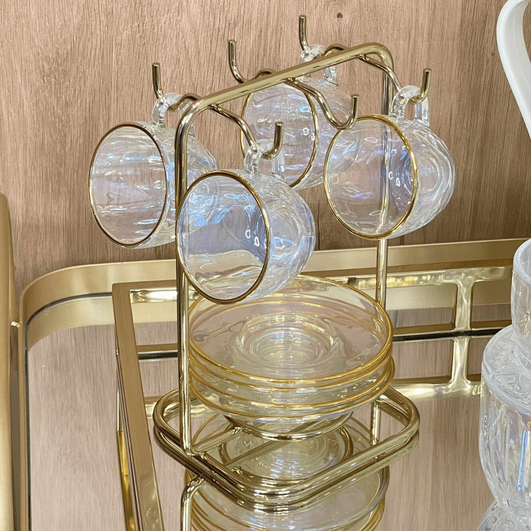 Jogo 4 Xicaras de Chá com 4 Pires Menfis Furta Cor e Dourado