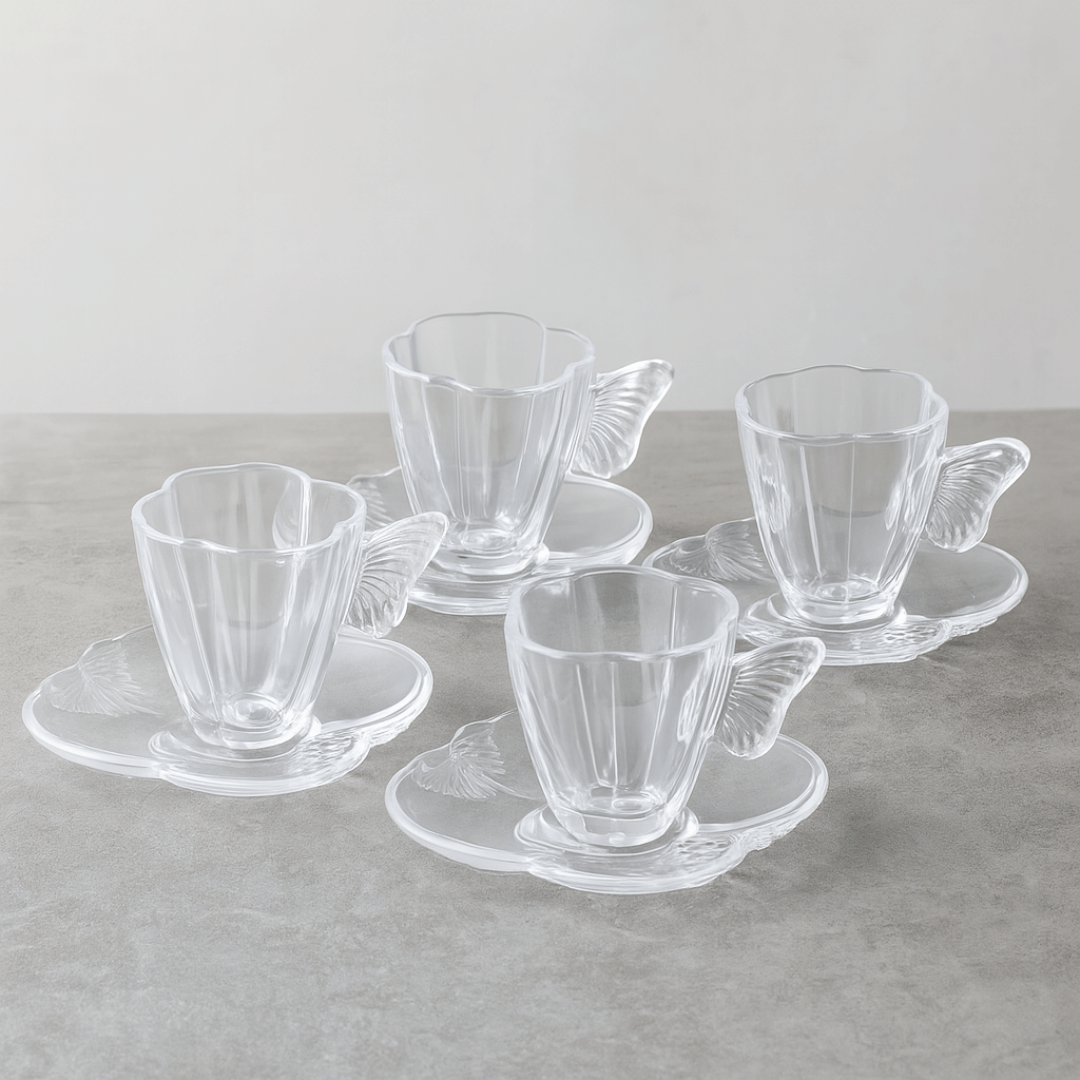 Jogo 4 Xícaras de Chá com Pires em Vidro Butterfly 180ml