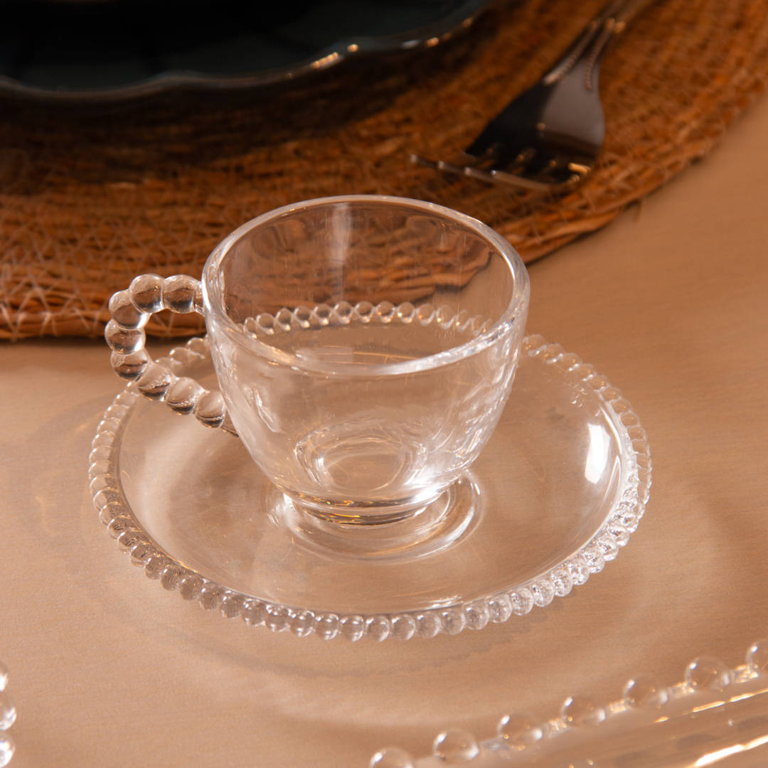 Jogo de Xícaras de Café Cristal Com Pires Pearl Bolinha 4 Peças - 80ml