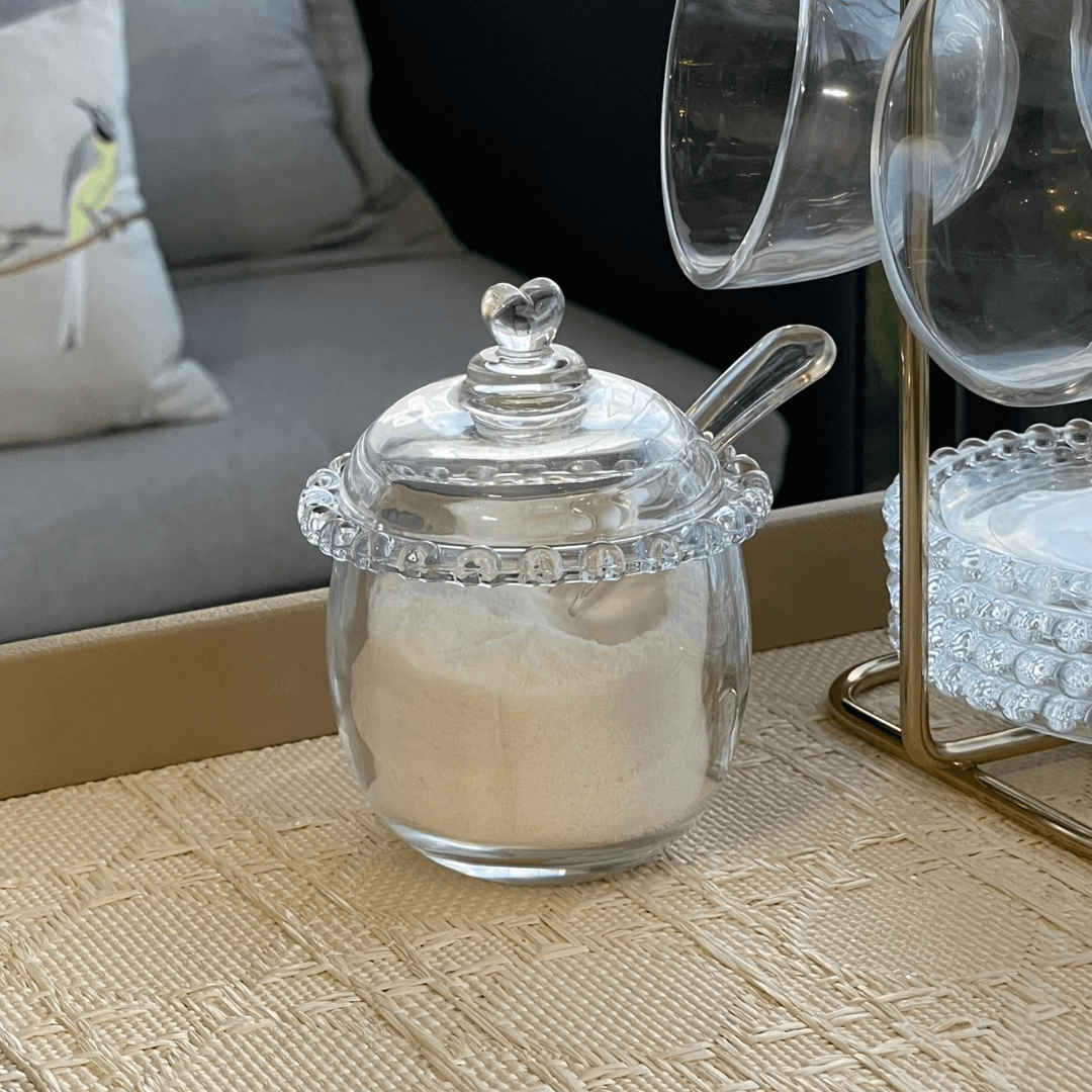 Açucareiro de Cristal Chumbo com Colher e Detalhes em Formato de Coração