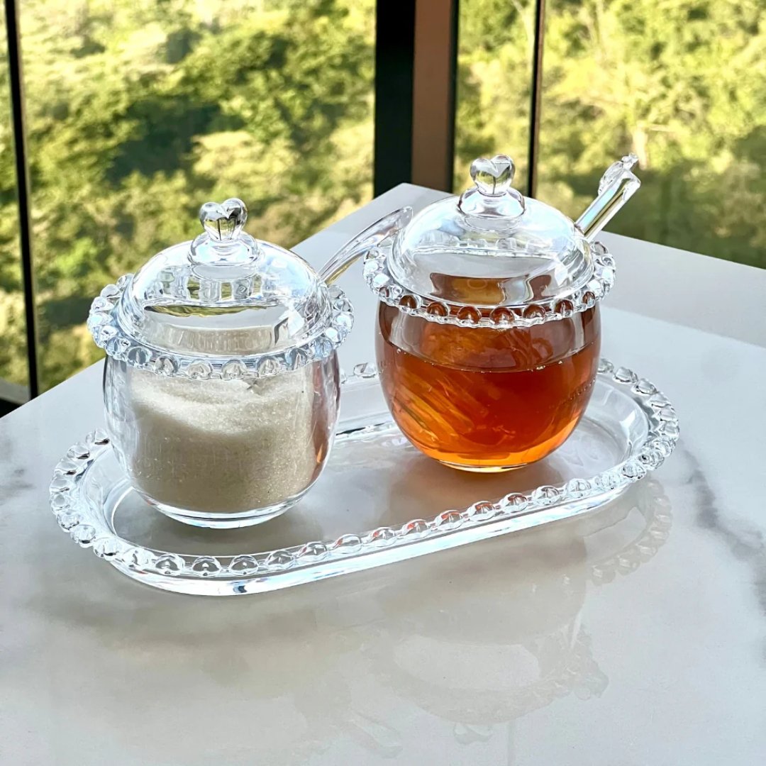 Açucareiro de Cristal Chumbo com Colher e Detalhes em Formato de Coração