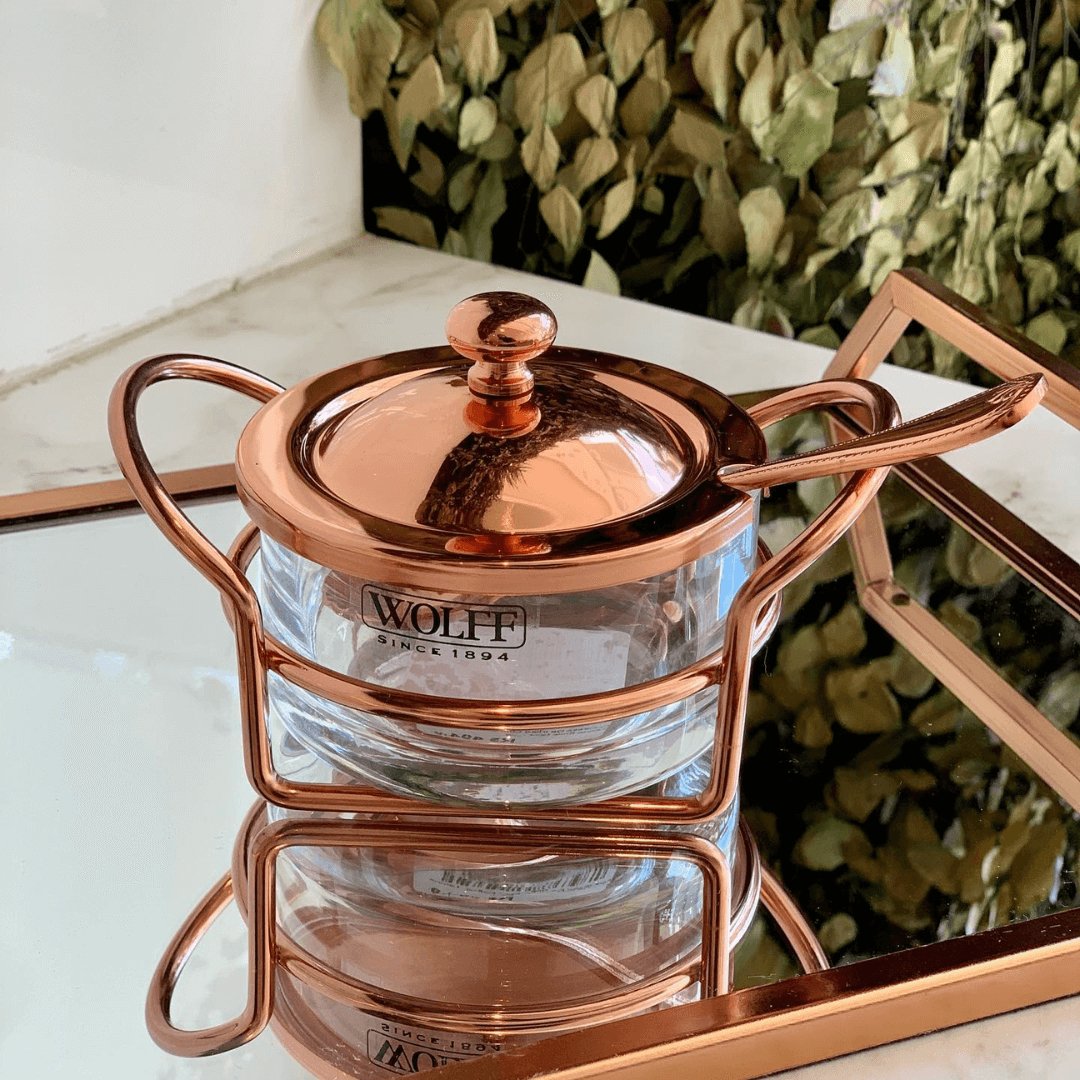 Açucareiro de Vidro Com Colher Tampa e Suporte Rose Gold Luxo