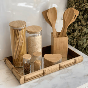 Bandeja Quadrada em Madeira Estilo Bambu Espelhado Marrom 36cm x 4,5cm