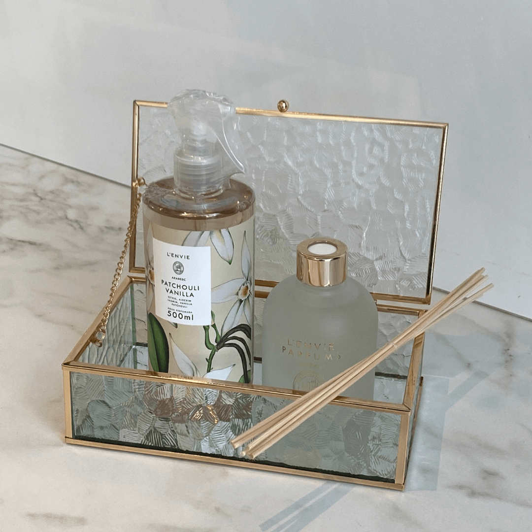 Caixa de Vidro e Metal Dourado 21cm P