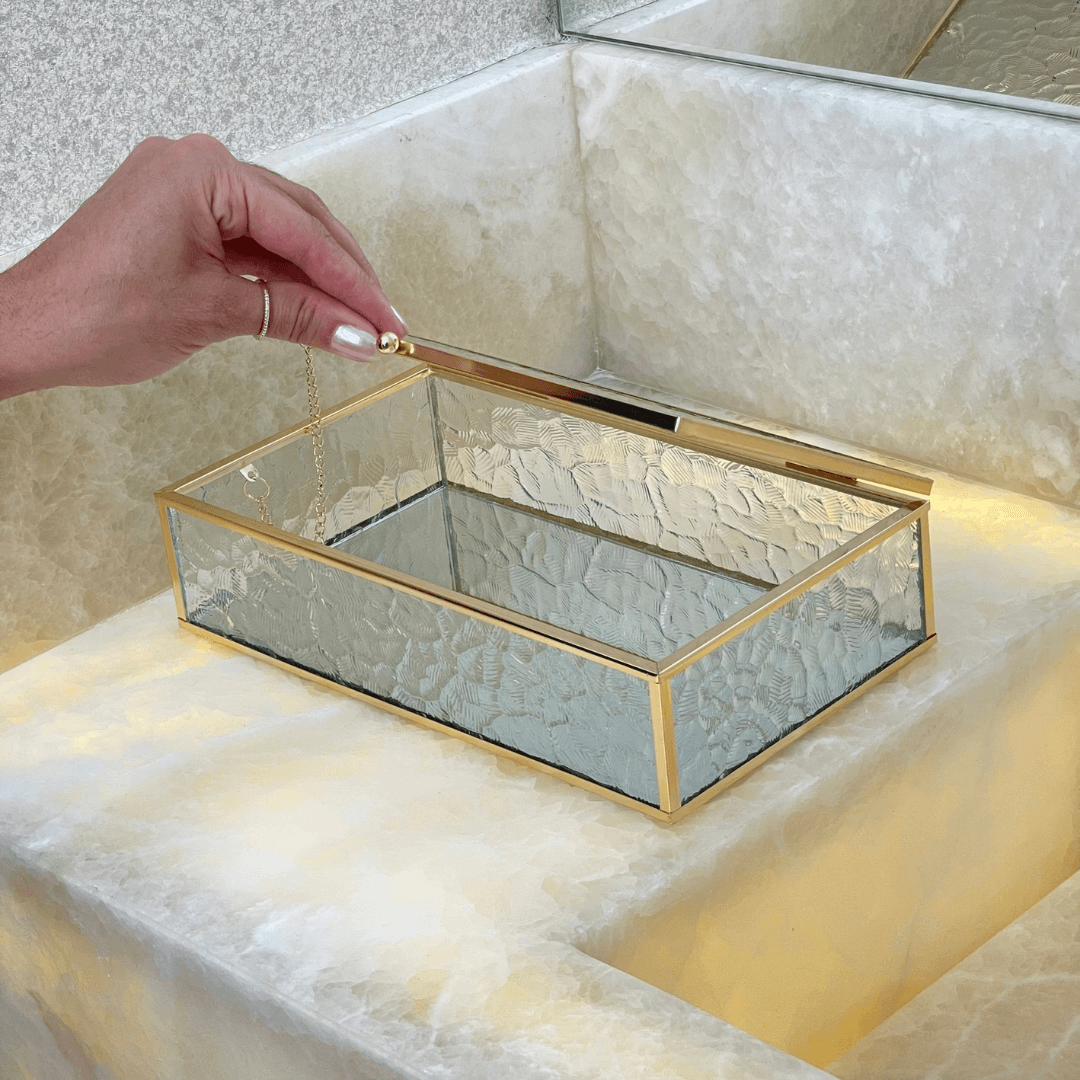 Caixa de Vidro e Metal Dourado 25cm G