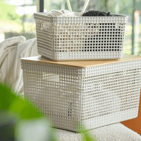 Conjunto 3 Cestos Organizadores Grid Bege com Tampa de Bambu