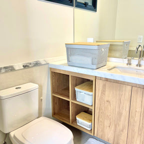 Conjunto 3 Cestos Organizadores Grid Bege com Tampa de Bambu