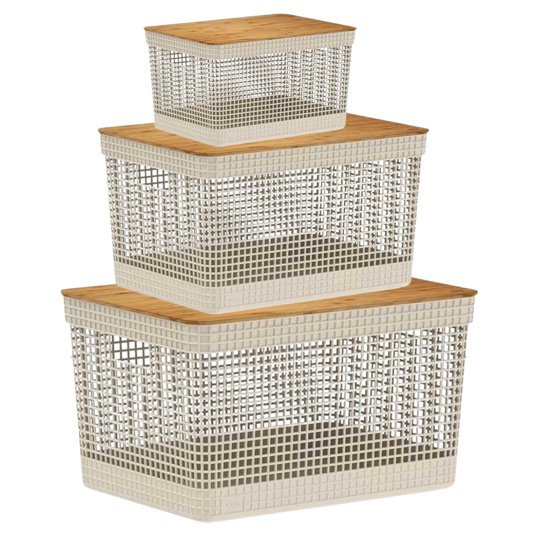 Conjunto 3 Cestos Organizadores Grid Bege com Tampa de Bambu