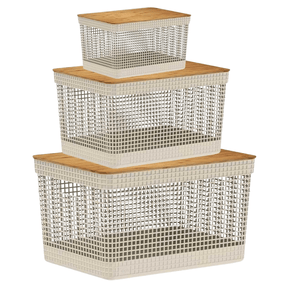 Conjunto 3 Cestos Organizadores Grid Bege com Tampa de Bambu