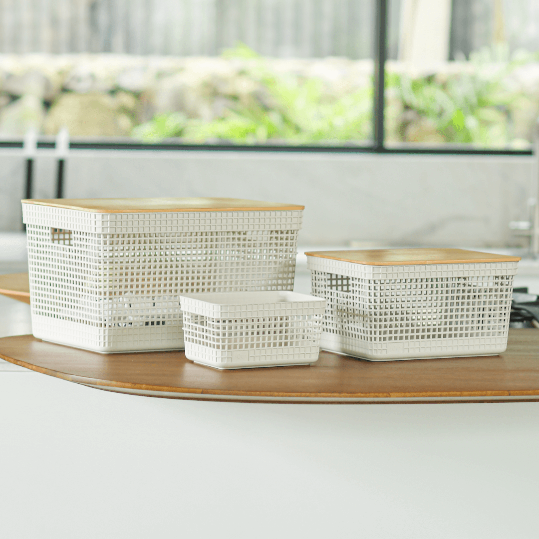 Conjunto 3 Cestos Organizadores Grid Bege com Tampa de Bambu