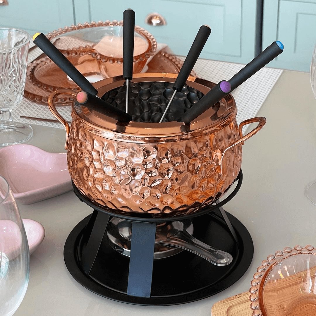 Conjunto Para Fondue 11 peças Rose Gold Martelado Luxo