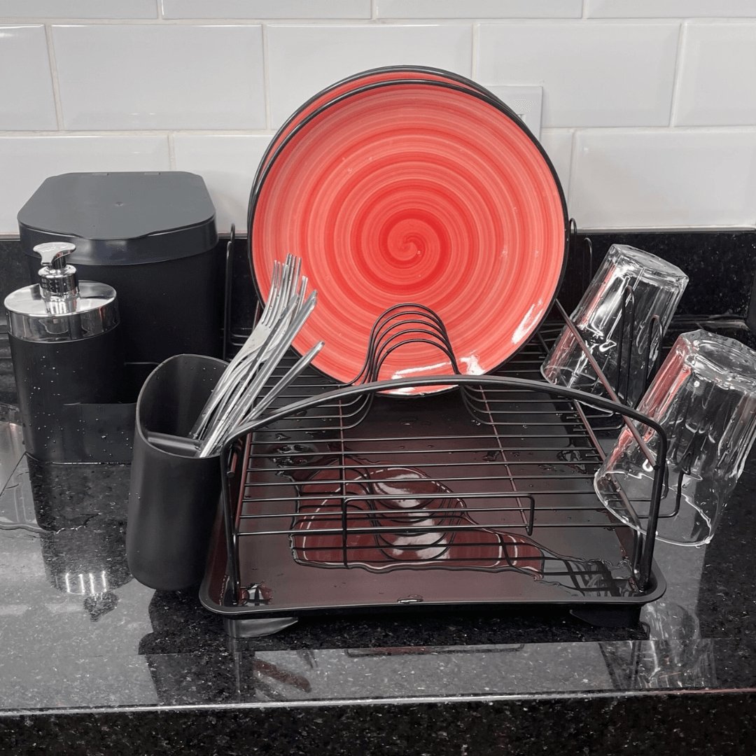 Escorredor De Louças Com Bandeja Preto Fosco 10 Pratos 8 Copos