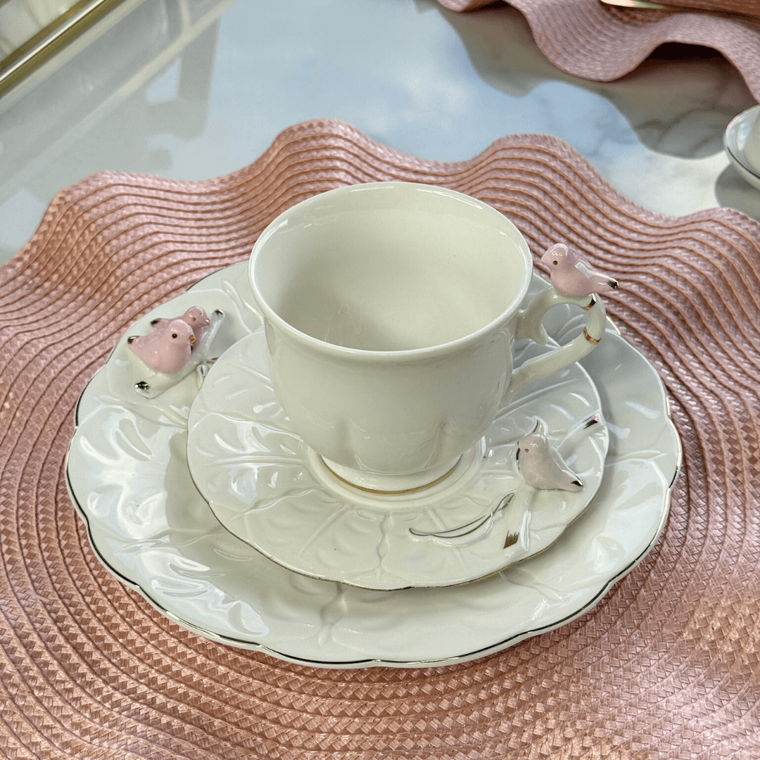 Jogo 4 Xicaras para Chá em Porcelana Birds Branca 200ml