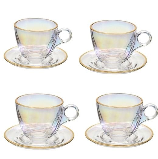 Jogo 4 Xicaras de Chá com 4 Pires Menfis Furta Cor e Dourado