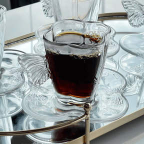 Jogo 4 Xícaras de Chá com Pires em Vidro Butterfly 180ml