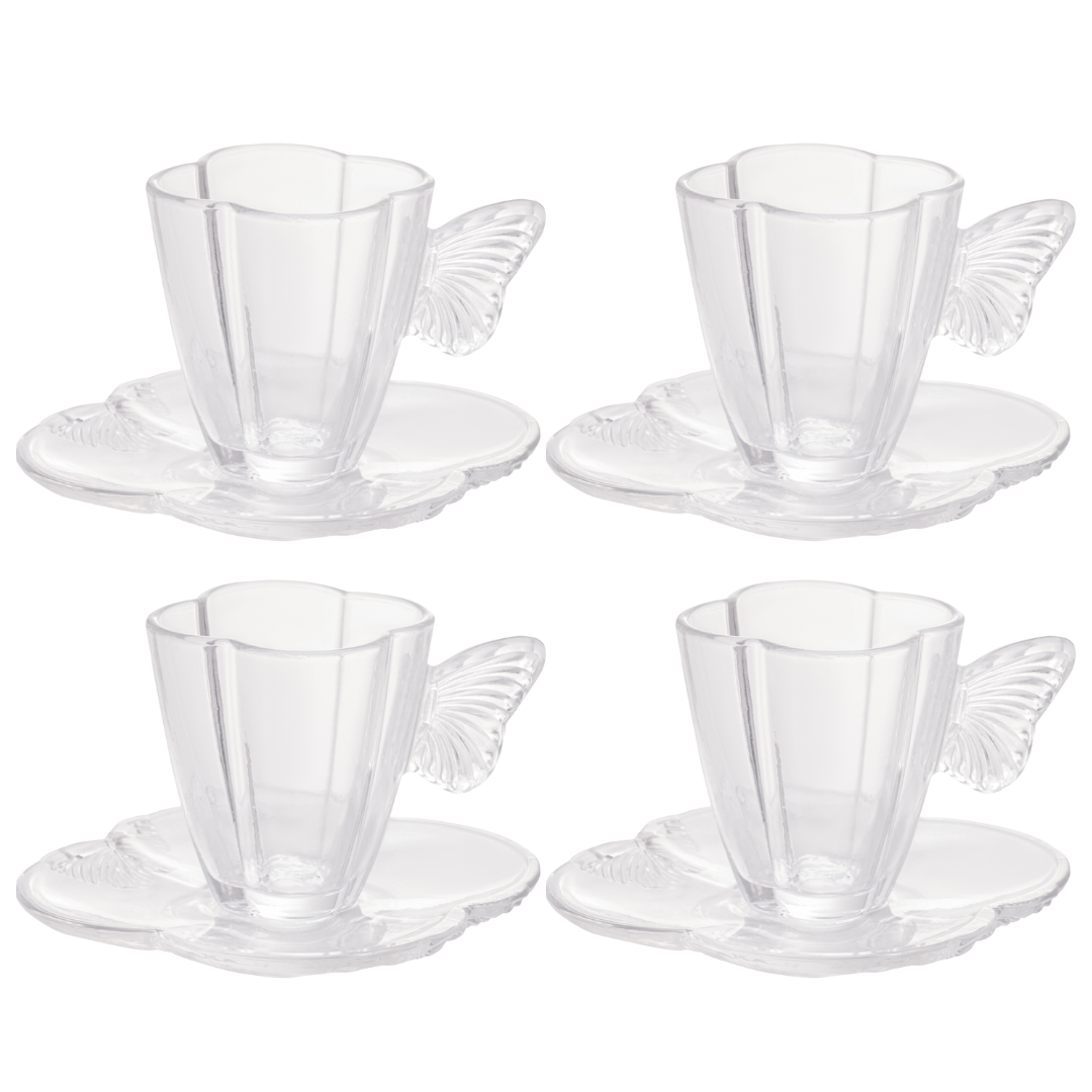 Jogo 4 Xícaras de Chá com Pires em Vidro Butterfly 180ml