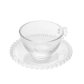 Jogo de 4 Xícaras de Chá Cristal de Chumbo com Pires Pearl Bolinha - 180ml